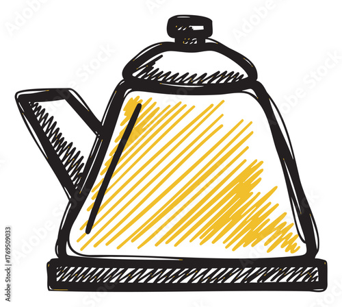Hand-drawn sketch of a teapot with a handle and spout, featuring bold yellow highlights on a white background.
