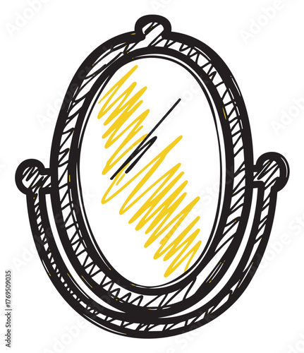 Hand-drawn black outline of an oval tabletop mirror with a textured frame and reflection lines, suggesting a reflective surface.