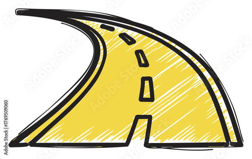 Curved road vector icon with dashed yellow centerline and bold black outline, depicting transportation or travel concepts.
