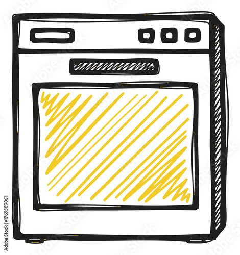 Simple hand-drawn sketch of a kitchen oven with a yellow shaded door and minimalistic black outlines.