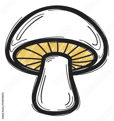 Black outline drawing of a single large mushroom with a rounded cap and visible gills underneath the cap.