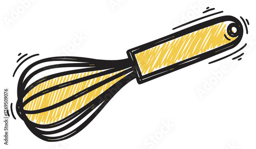Hand-drawn style depiction of a whisk with a yellow handle, showing dynamic motion lines for kitchen and cooking themes.