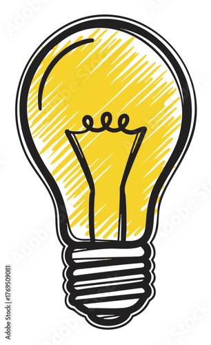Hand-drawn sketch of a traditional incandescent light bulb with a yellow filament and black outline, symbolizing creativity and innovation.