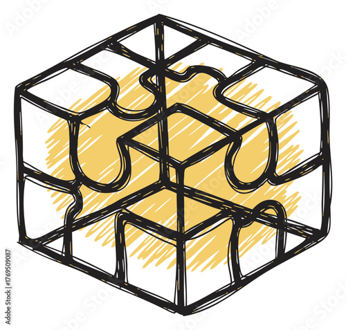 Hand-drawn sketch of a cube-shaped puzzle with interlocking pieces and yellow shading on the inside, emphasizing complexity and creativity.