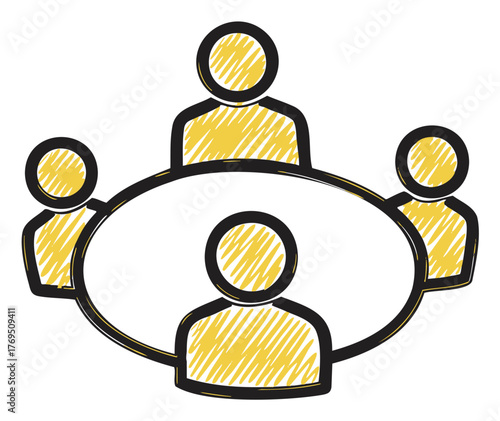 Simple sketch of four abstract human figures sitting around an oval table, symbolizing teamwork and collaboration.