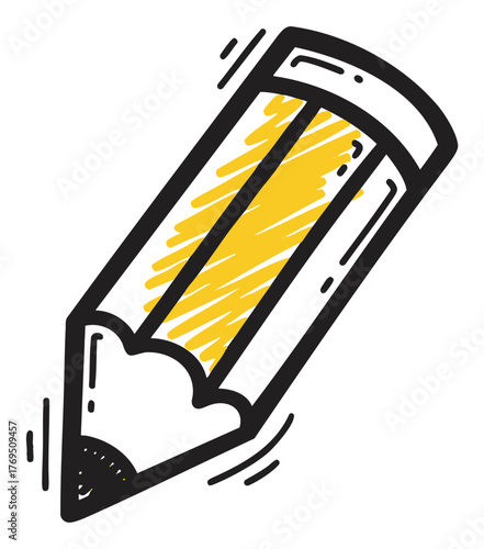 Black outline drawing of a thick, yellow, scribbled pencil with pointed tip and eraser end, tilted diagonally.
