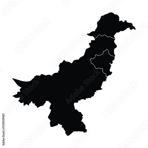 Black Silhouette Map of Pakistan with Provincial Borders Isolated white background
