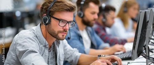 Focused Support: A dedicated team, immersed in their work, utilizes headsets and computer systems to provide exemplary customer assistance and solutions.
