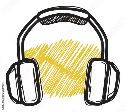 Black outlined sketch of bulky over-ear headphones with a yellow shaded background. simple, hand-drawn style for music and audio concepts.