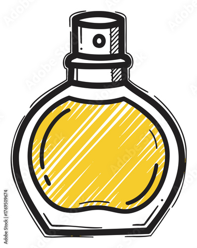 Black outline drawing of a round perfume bottle with a spray nozzle filled with yellow liquid, displaying a hand-drawn style.