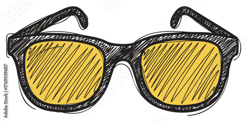 Hand-drawn sketch of stylish sunglasses with a black frame and yellow-tinted lenses in a casual, artistic design.