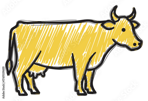 Yellow and black outline of a standing cow with horns, depicted in a sketchy, linear art style.