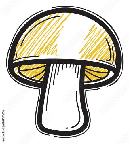 Sketched black outline of a mushroom with yellow shading on the cap and stem, conveying a simple and playful artistic style.