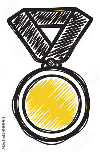 Hand-drawn black and yellow sketch of a medal with a striped ribbon, symbolizing achievement and honor.