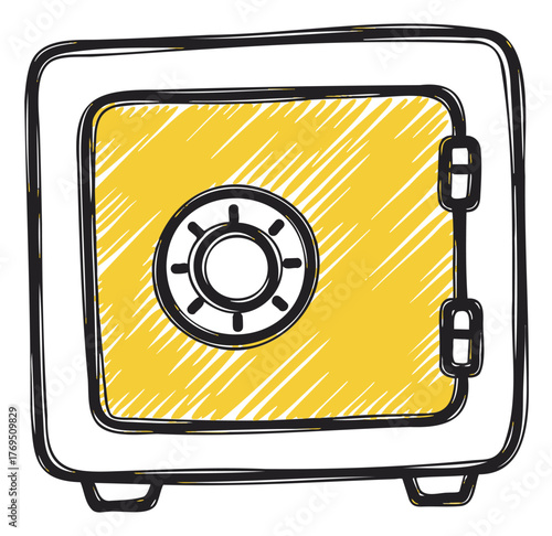Hand-drawn vector illustration of a vintage-style safe in black outline with a yellow shaded door, featuring a combination dial and visible hinges.