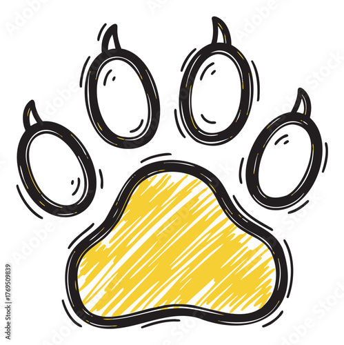 Yellow and black outlined artistic drawing of an animal paw print with a textured appearance, featuring five toes and a central pad.