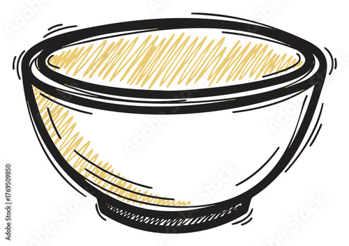 Hand-drawn black outline of a simple bowl with a textured interior, conveying a rustic and artisanal feel.