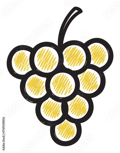 Simple black outline sketch of a ripe yellow grape bunch with a curving stem, showcasing detailed circular grape clusters.