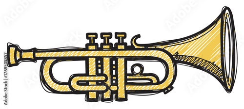 Hand-drawn illustration of a yellow trumpet with detailed valve buttons and a flared bell, showcasing its musical instrument design.