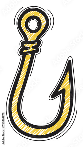 Hand-drawn yellow and black fishing hook with a prominent pointed tip and an eyelet loop at the top.