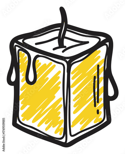 Black outline vector icon of a cube-shaped candle with dripping wax and a visible wick. suitable for concepts related to relaxation, ambiance, and decor.