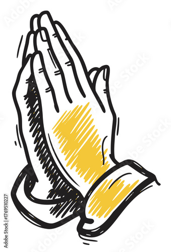 Colorful sketch of two praying hands positioned together in a gesture of prayer or gratitude, featuring black outlines and yellow shading.