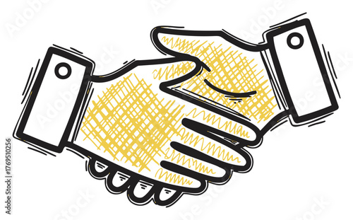 Illustration of two stylized hands shaking, symbolizing agreement and cooperation, with sketchy lines and buttoned cuffs.