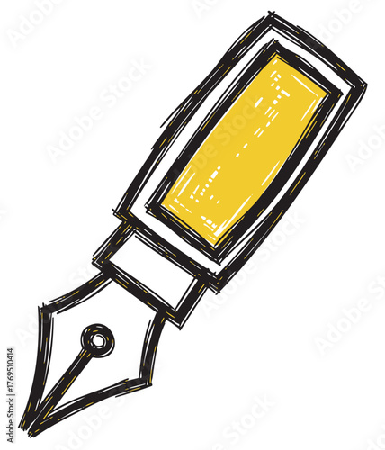 Hand-drawn sketch of a fountain pen nib with a rectangular yellow ink reservoir, symbolizing creativity and writing tools.
