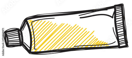 Black outline of a squeezed tube with yellow shaded area, slightly open at one end, depicting a typical container for creams or paints.