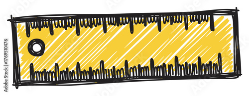 Hand-drawn yellow ruler with black sketchy outline and measurement markings in a playful, doodle style.