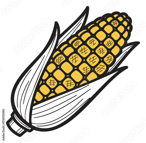 Colorful illustrated corn cob with yellow kernels and green husks, showcasing a detailed and artistic representation of maize.