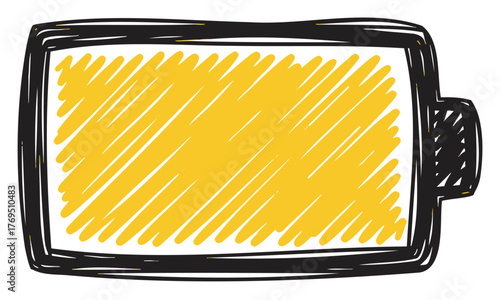 Hand-drawn black outline of a battery icon filled with yellow, representing a stylized full battery charge symbol.