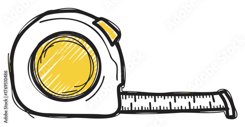 Hand-drawn sketch of a yellow and white measuring tape with extended ruler, illustrating measurement and tool concepts.