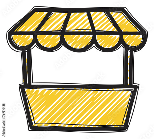 Black outline illustration of a simple market stall with a yellow striped awning and shaded booth area, ideal for signage and market themes.
