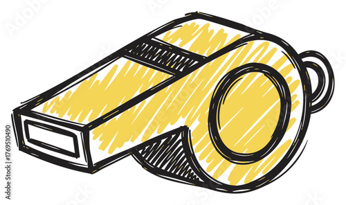 Hand-drawn sketch of a yellow and black whistle with detailed line shading, highlighting its essential design used in sports and coaching.