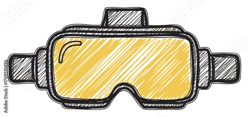 Hand-drawn sketch of virtual reality goggles with a distinctive yellow lens, showcasing a detailed and textured artistic style.