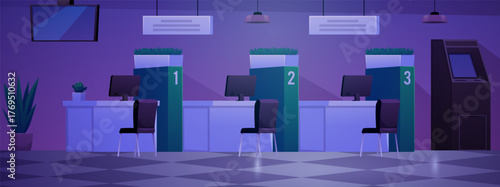 Bank office dark interior with ATM automated teller machine, scoreboard, vector flat reception and customer service desk