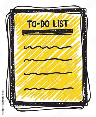Hand-drawn illustration of a yellow to-do list with lines for tasks, surrounded by a casual black scribble border.
