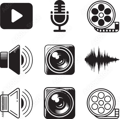 Nine Detailed Icons Representing Audio Recording and Playback Functions sound music