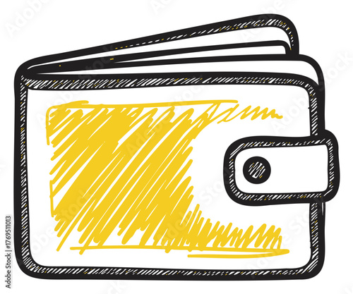 Simple outlined sketch of a closed wallet with a yellow scribble design, featuring a strap and button closure.