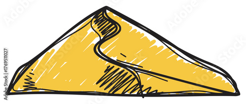 Hand-drawn vector illustration of a triangular slice of yellow cheese with a simple black outline, showing shading and texture details.