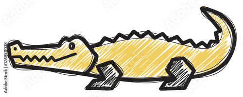 Hand-drawn sketch of a cartoon crocodile with a yellow body and jagged back, showing a playful expression.