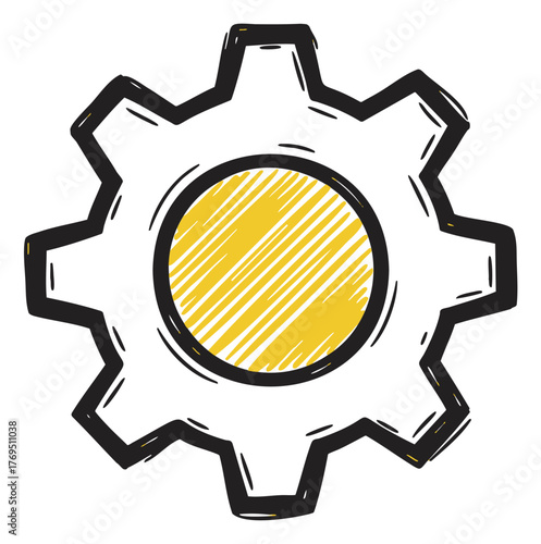 Hand-drawn illustration of a gear with a yellow shaded inner circle, featuring black outlined edges and visible sketch lines.