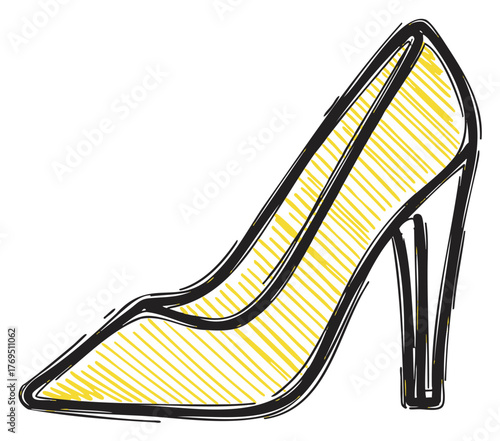 Hand-drawn sketch of a high-heeled shoe with yellow shading, showcasing elegant design and style.