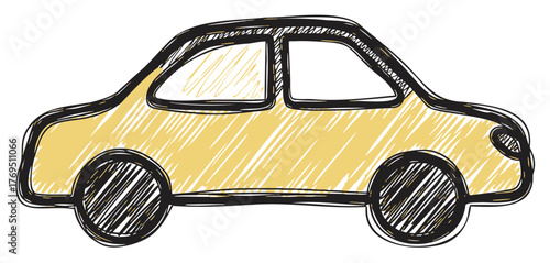 Hand-drawn image of a simple yellow car with black outlines, featuring two windows and circular wheels, capturing a cartoon-like style.