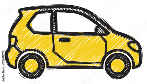 Hand-drawn yellow compact car sketch with bold black outlines, showing a two-door design and simple circular wheels.