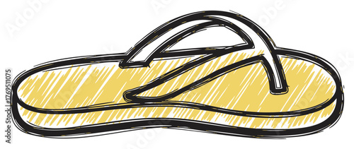 Yellow flip-flop sandal with a black outline and simple sketch style, showcasing casual summer footwear design.