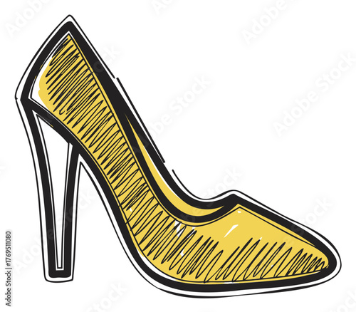 Hand-drawn style illustration of a high-heeled shoe with a simple and bold design in yellow and black.