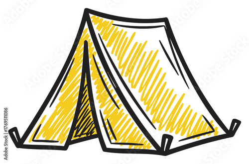Black outline drawing of a simple triangular camping tent with yellow shading, representing outdoor and adventure themes.