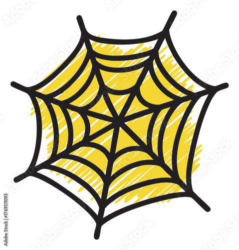 Black outline of a symmetrical spider web with a bright yellow background, illustrating geometric and natural concepts.